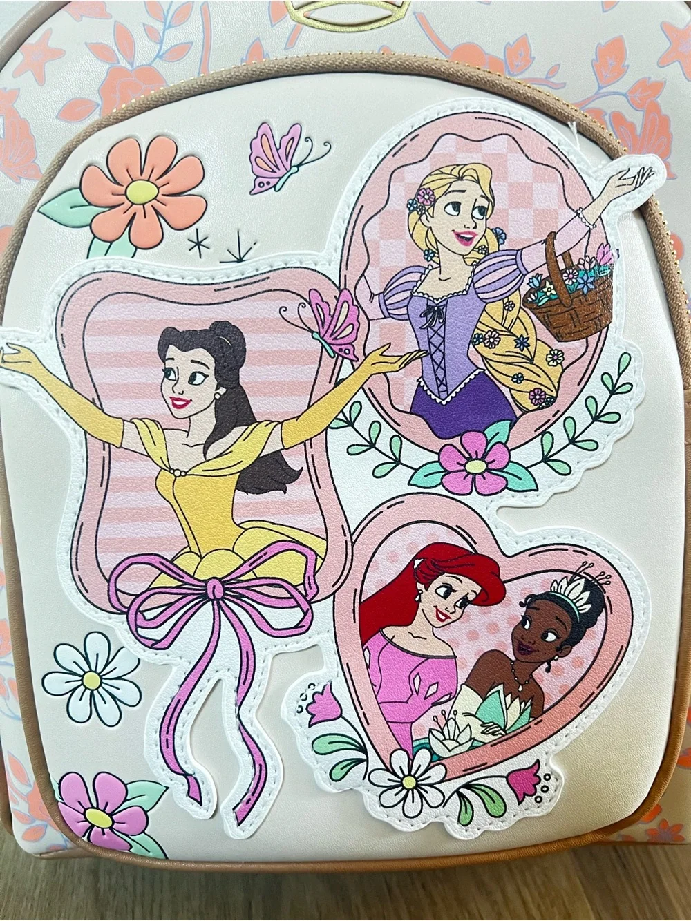 Disney Girls Floral Princess Patch Backpack - Pink, Cream, Tan